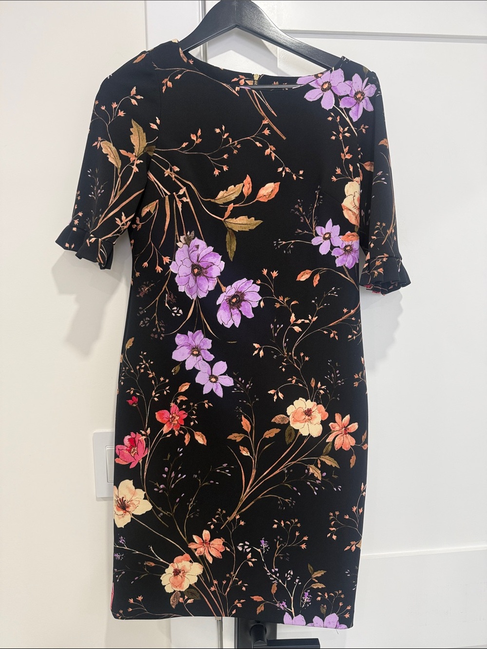 Calvin Klein Black Midi Dress with Purple & Peach Floral Print six 10p